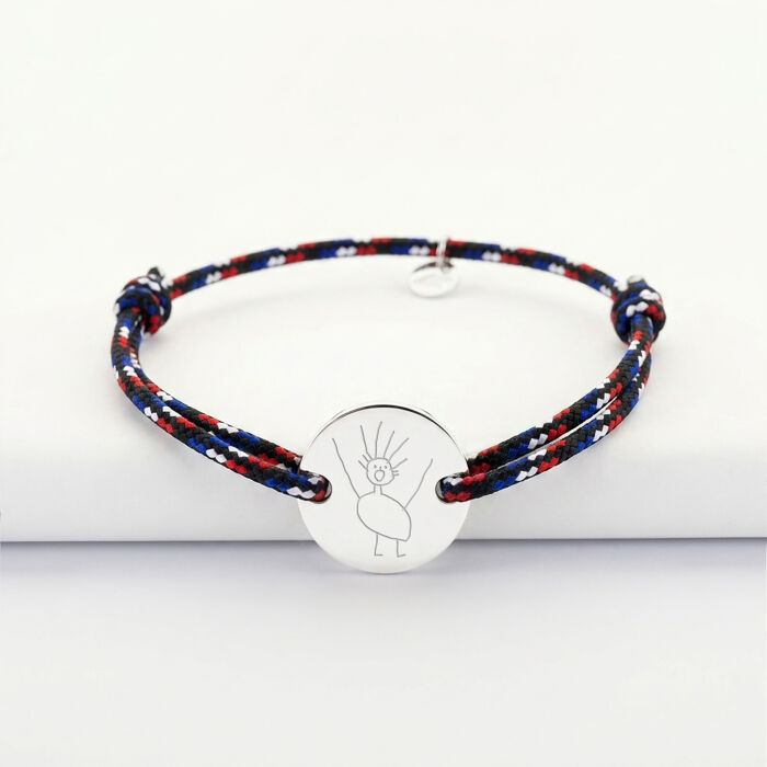 Bracelet homme personnalisé cordage BLEU BLANC ROUGE médaille gravée argent 2 trous 20 mm - dessin