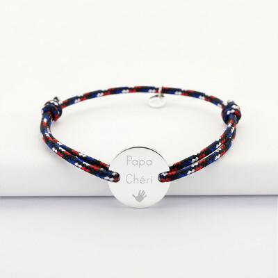 Bracelet homme personnalisé cordage BLEU BLANC ROUGE médaille gravée argent 2 trous 20 mm - texte pictogramme