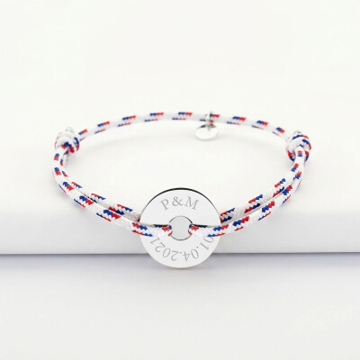 Bracelet homme personnalisé cordage BLEU BLANC ROUGE médaille gravée argent cible 20 mm - Initiales et date