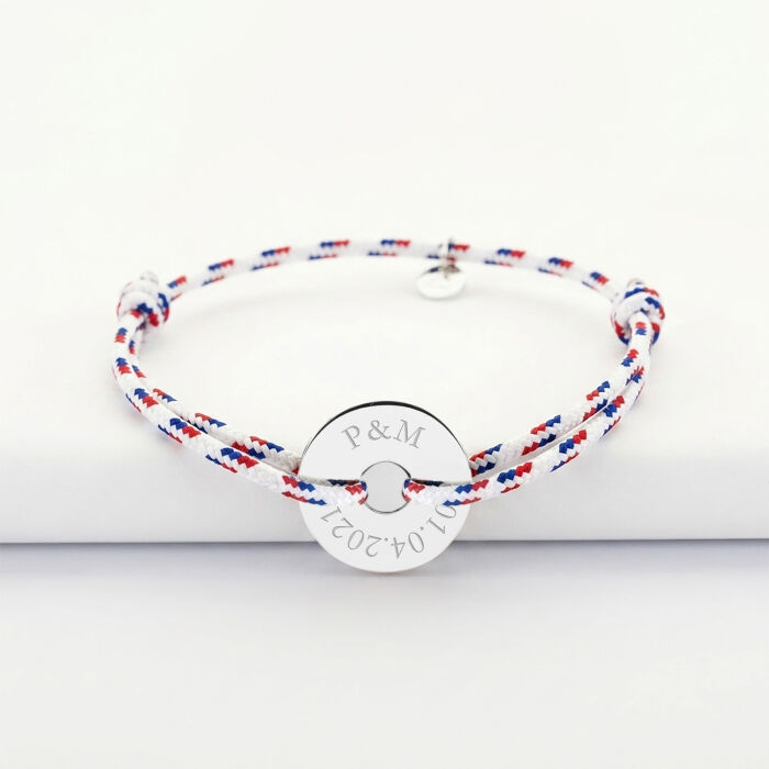 Bracelet homme personnalisé cordage BLEU BLANC ROUGE médaille gravée argent cible 20 mm - Initiales et date