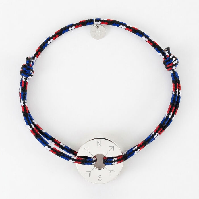 Bracelet homme personnalisé cordage BLEU BLANC ROUGE médaille gravée argent cible 20 mm - Illustration
