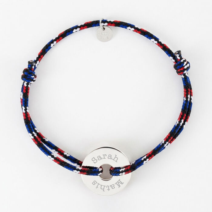 Bracelet homme personnalisé cordage BLEU BLANC ROUGE médaille gravée argent cible 20 mm - Prénoms