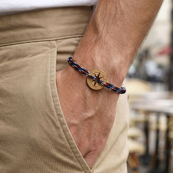 Bracelet homme personnalisé cordage BLEU BLANC ROUGE médaille gravée bois cible ronde 21 mm - bracelet porté
