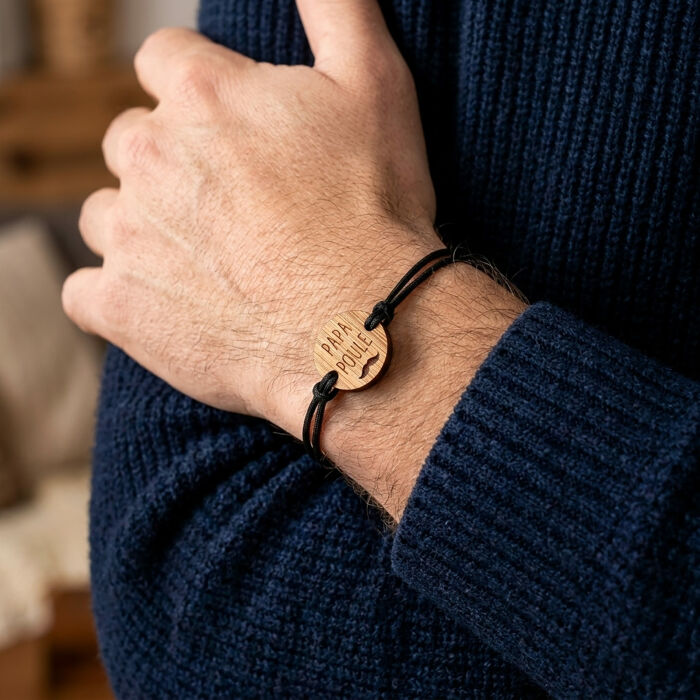 Bracelet homme médaille gravée bois ronde 21 mm - Edition spéciale "Papa poule ajouré" - porté