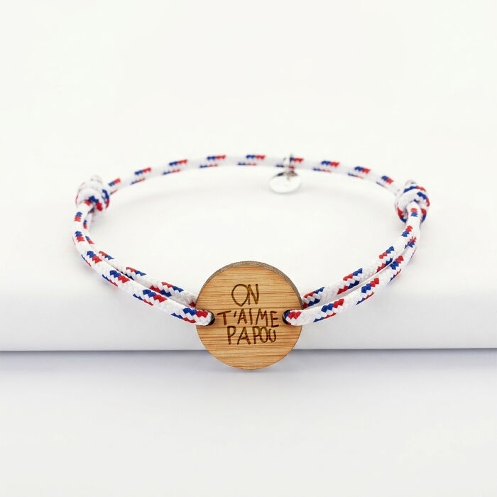 Bracelet homme personnalisé cordage BLEU BLANC ROUGE médaille gravée bois ronde 2 trous 21 mm