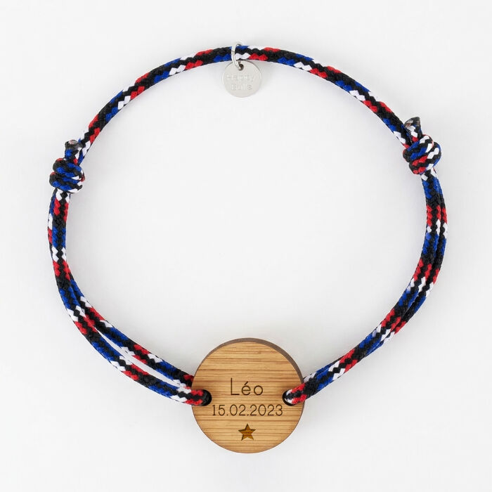 Bracelet homme personnalisé cordage BLEU BLANC ROUGE médaille gravée bois ronde 2 trous 21 mm