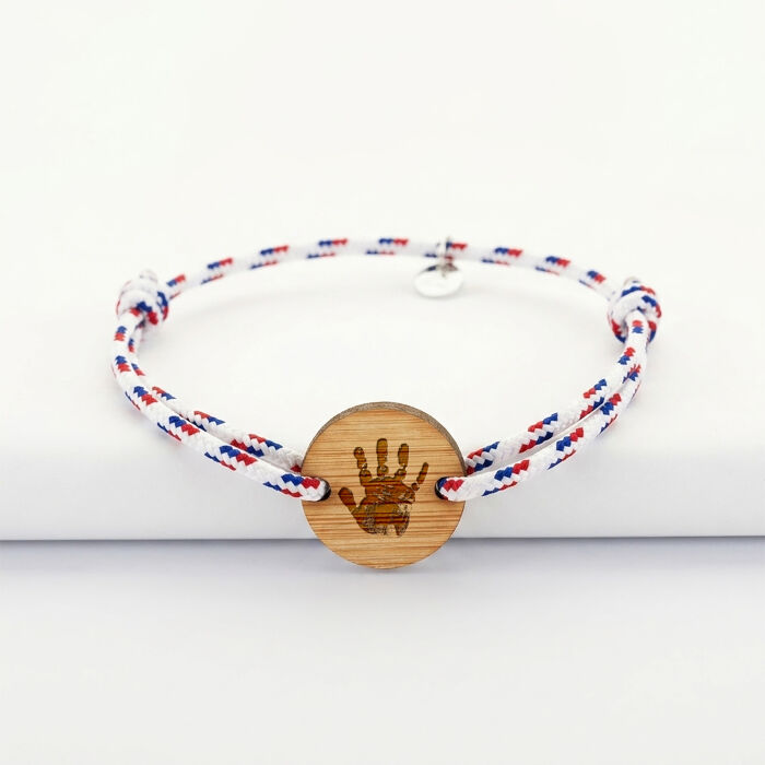 Bracelet homme personnalisé cordage BLEU BLANC ROUGE médaille gravée bois ronde 2 trous 21 mm