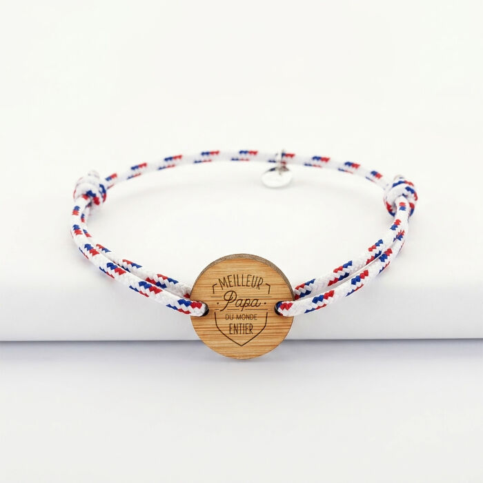 Bracelet homme personnalisé cordage BLEU BLANC ROUGE médaille gravée bois ronde 2 trous 21 mm