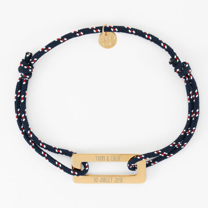 Bracelet homme personnalisé cordage marin simple médaille gravée acier doré rectangle évidé 32x14 mm - prénoms date