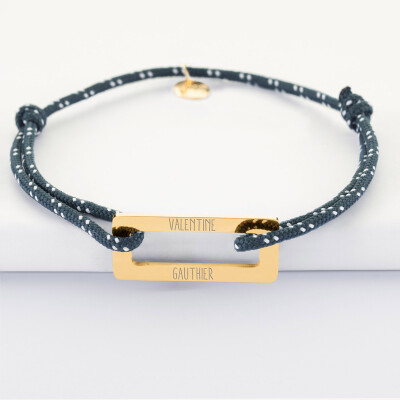 Bracelet homme personnalisé cordage marin simple médaille gravée acier doré rectangle évidé 32x14 mm - prénoms