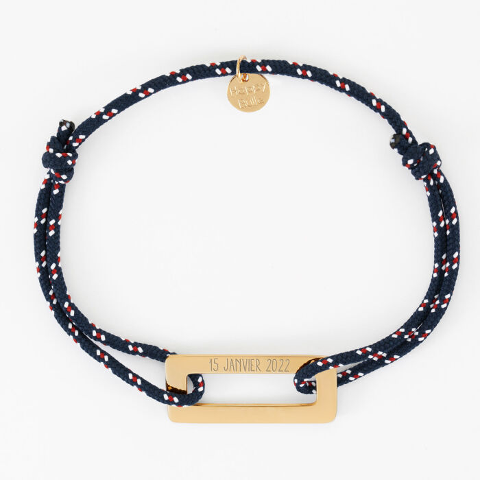 Bracelet homme personnalisé cordage marin simple médaille gravée acier doré rectangle évidé 32x14 mm - date