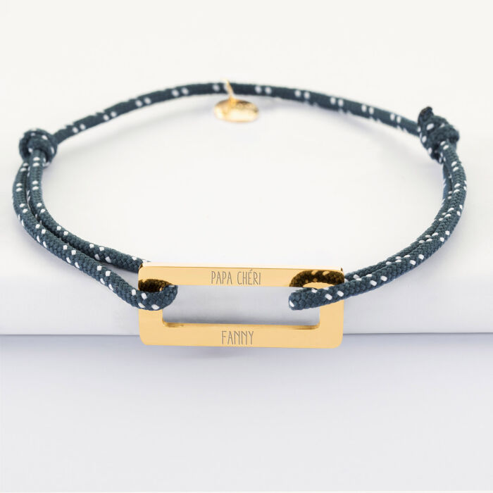 Bracelet homme personnalisé cordage marin simple médaille gravée acier doré rectangle évidé 32x14 mm - papa chéri