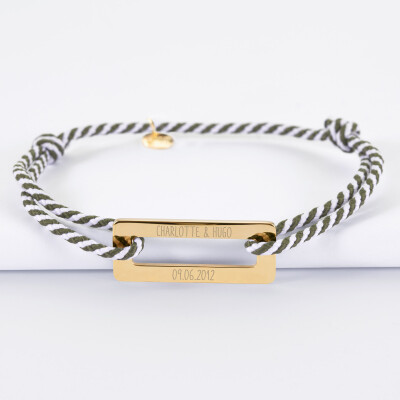Bracelet homme personnalisé cordon tressé médaille gravée acier doré rectangle évidé 32x14 mm - prénoms date