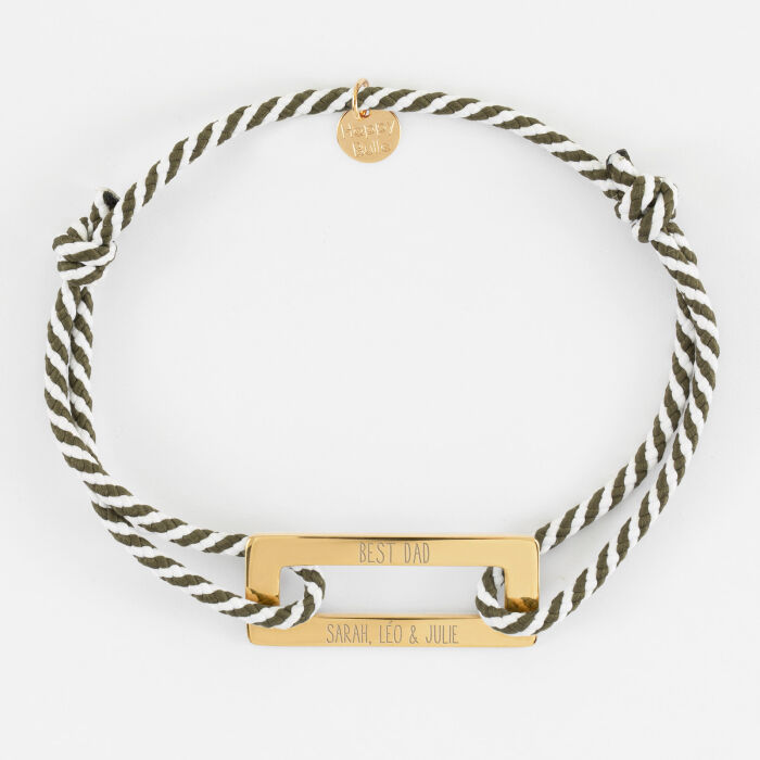 Bracelet homme personnalisé cordon tressé médaille gravée acier doré rectangle évidé 32x14 mm - best dad