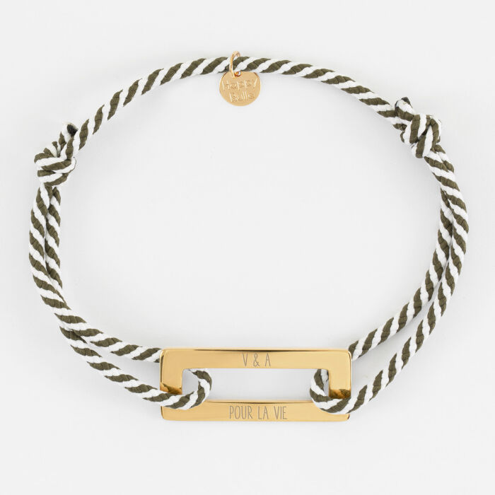 Bracelet homme personnalisé cordon tressé médaille gravée acier doré rectangle évidé 32x14 mm - initial