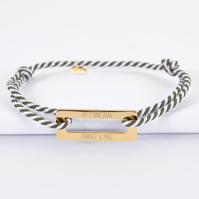 Bracelet homme personnalisé cordon tressé médaille gravée acier doré rectangle évidé 32x14 mm - on t'aime papa