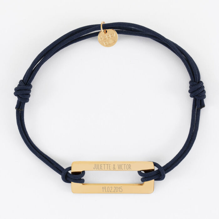 Bracelet homme personnalisé cordon double médaille gravée acier doré rectangle évidé 32x14 mm - prénoms et date