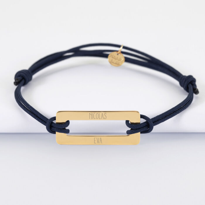 Bracelet homme personnalisé cordon double médaille gravée acier doré rectangle évidé 32x14 mm - prénoms