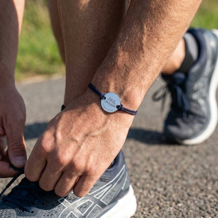 Bracelet homme personnalisé cordon doublé médaille gravée argent 2 trous 20 mm - Edition spéciale "Finisher running et triathlon"