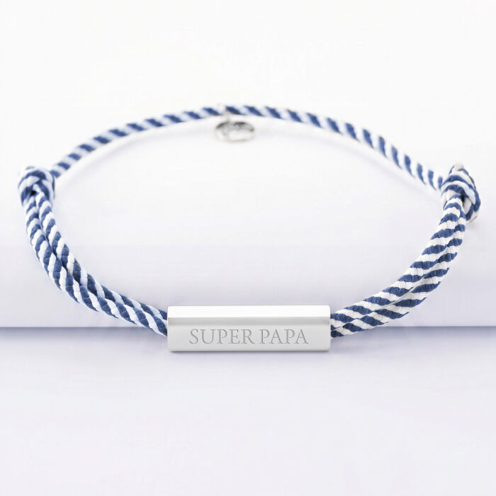 Bracelet homme personnalisé cordon tressé double médaille gravée acier cube rectangulaire 25x5x5 mm