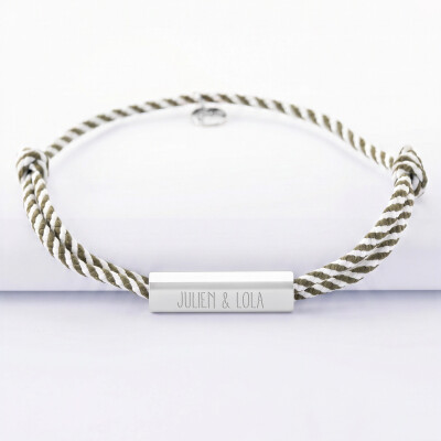 Bracelet homme personnalisé cordon tressé double médaille gravée acier cube rectangulaire 25x5x5 mm