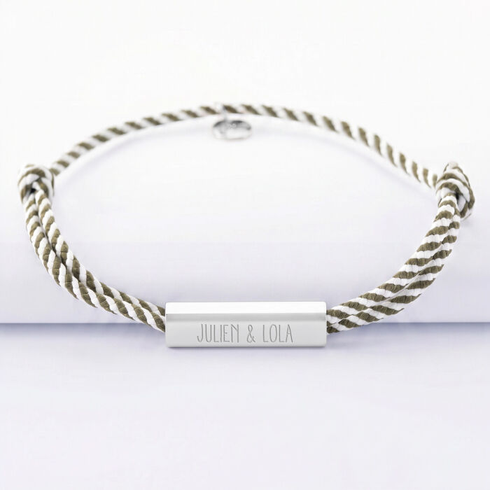 Bracelet homme personnalisé cordon tressé double médaille gravée acier cube rectangulaire 25x5x5 mm