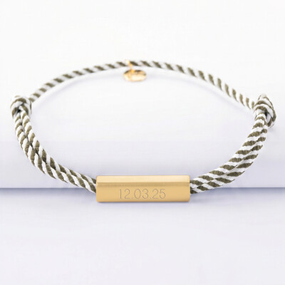 Bracelet homme personnalisé cordon tressé double médaille gravée acier doré cube rectangulaire 25x5x5 mm