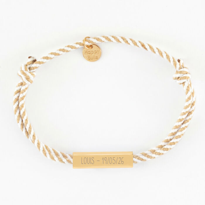 Bracelet homme personnalisé cordon tressé double médaille gravée acier doré cube rectangulaire 25x5x5 mm