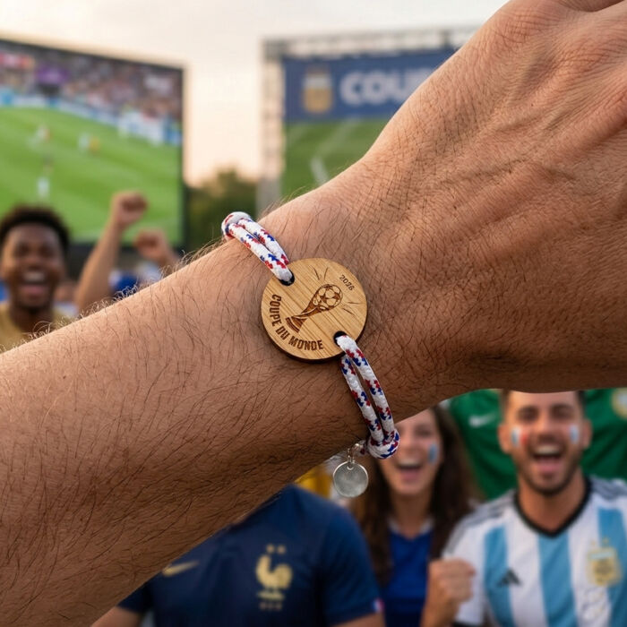 Bracelet homme personnalisé cordage marin tricolore simple médaille gravée bois ronde 2 trous 21 mm - Edition spéciale Coupe du Monde