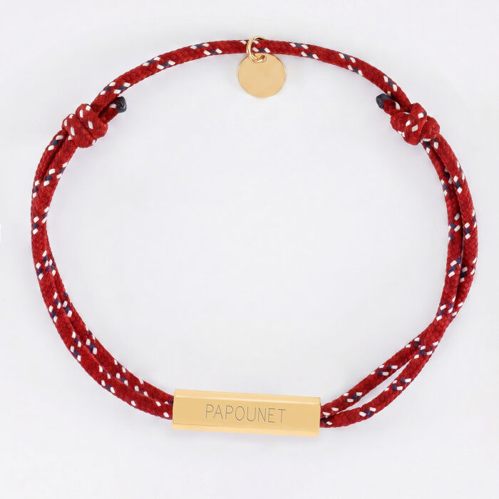 Bracelet homme personnalisé cordage marin double médaille gravée acier doré cube rectangulaire 25x5x5 mm - papounet