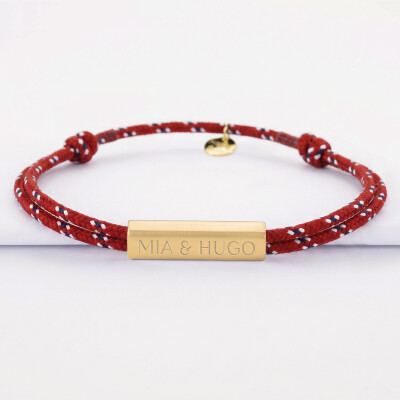 Bracelet homme personnalisé cordage marin double médaille gravée acier doré cube rectangulaire 25x5x5 mm - prénoms