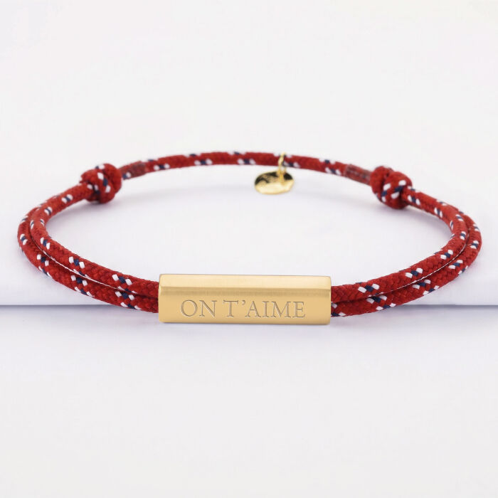 Bracelet homme personnalisé cordage marin double médaille gravée acier doré cube rectangulaire 25x5x5 mm - on t'aime