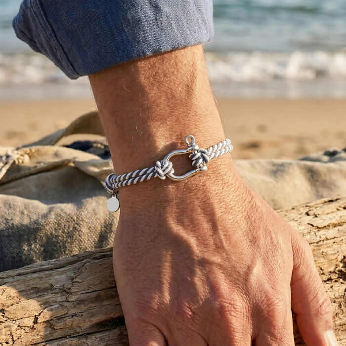 Bracelet homme cordon marin double tressé manille argent 20 mm