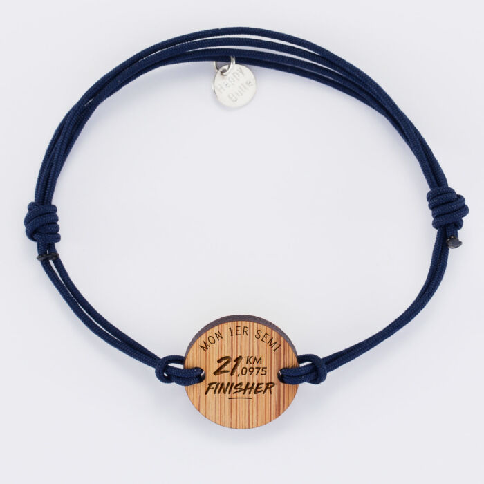 Bracelet homme personnalisé médaille gravée bois ronde 21 mm - Edition spéciale "Finisher running et triathlon"