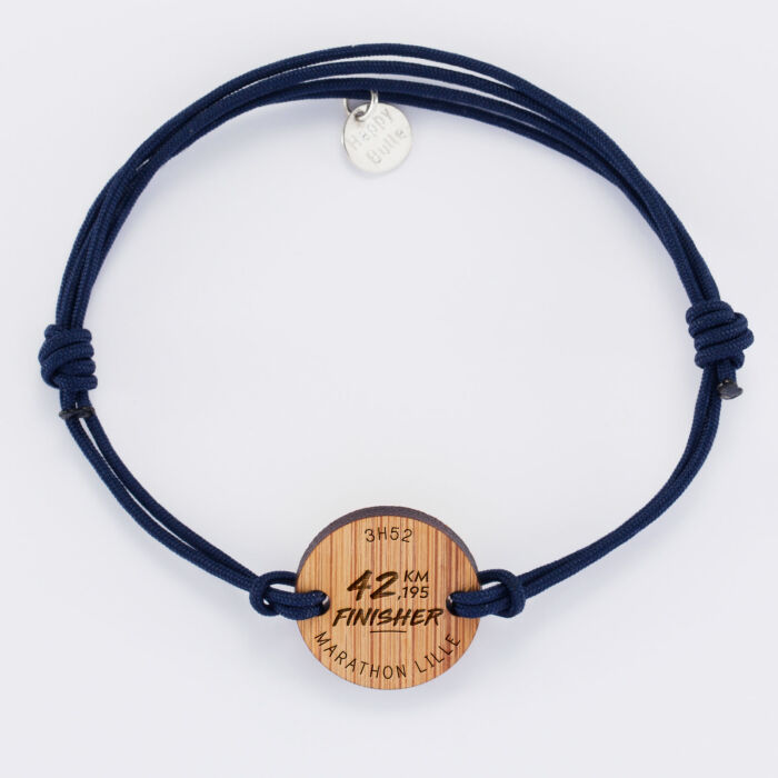 Bracelet homme personnalisé médaille gravée bois ronde 21 mm - Edition spéciale "Finisher running et triathlon"
