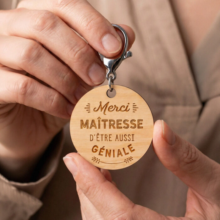 Porte-clés gravé bois médaille ronde 50 mm - Edition spéciale "Merci Maîtresse" - ambiance