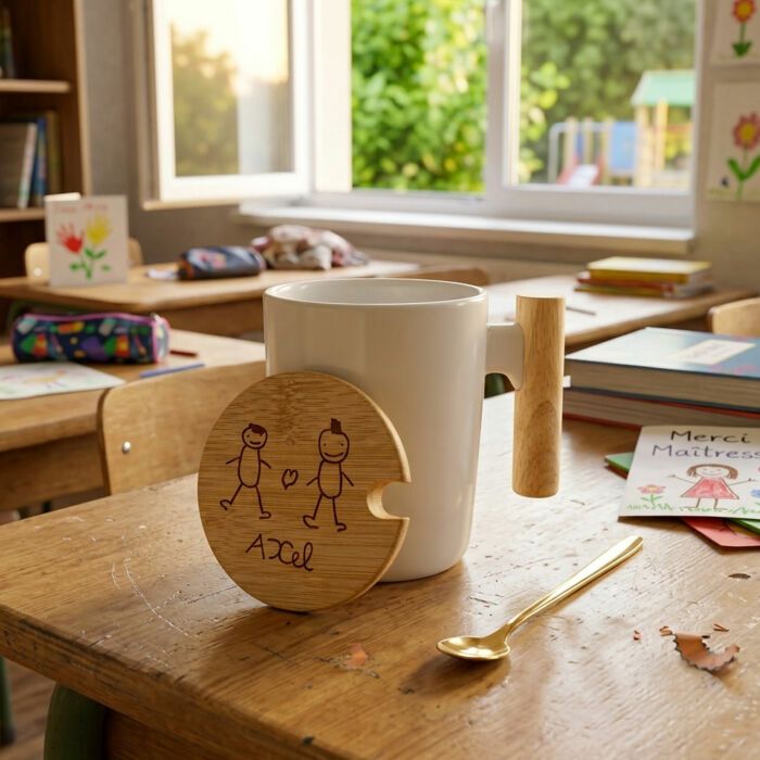 Tazza ceramica personalizzata coperchio legno inciso