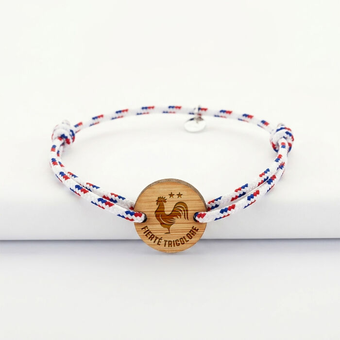 Bracelet homme cordage marin tricolore simple médaille gravée bois ronde 2 trous 21 mm - Edition spéciale Fierté tricolore