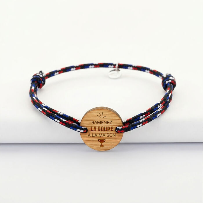 Bracelet homme cordage marin tricolore simple médaille gravée bois ronde 2 trous 21 mm - Edition spéciale Ramenez la coupe
