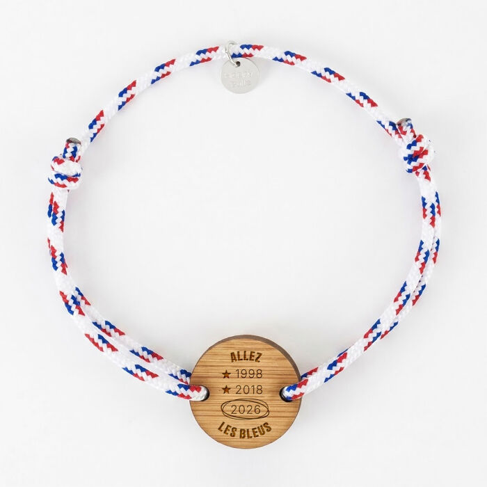 Bracelet homme cordage marin tricolore simple médaille gravée bois ronde 2 trous 21 mm - Edition spéciale Allez les bleus