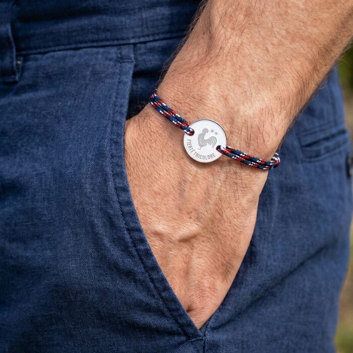 Bracelet homme personnalisé cordage BLEU BLANC ROUGE médaille gravée argent 2 trous 20 mm - bracelet porté fierté tricolore