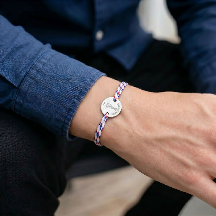 Bracelet homme personnalisé cordage BLEU BLANC ROUGE médaille gravée argent 2 trous 20 mm - bracelet porté coupe