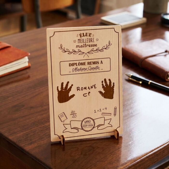 Cadre diplôme maîtresse personnalisé bois gravé 15x10 cm avec support - édition spéciale "Meilleure maîtresse" - photo aombiance