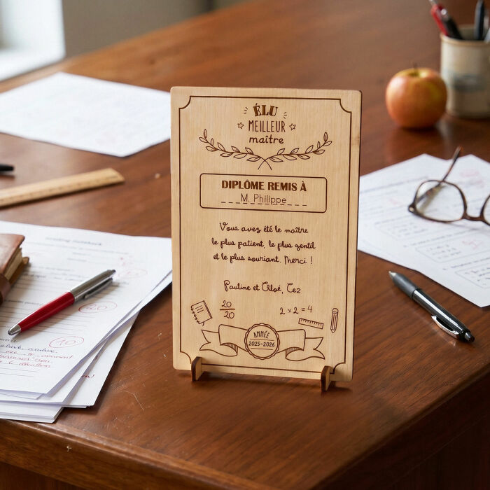 Cadre diplôme maître personnalisé bois gravé 15x10 cm avec support - édition spéciale "Meilleur maître" - photo ambiance