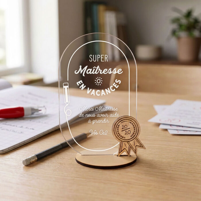 Décoration Maître(sse) personnalisé acrylique gravé avec certificat école bois 13x8 cm - bureau maîtresse ambiance