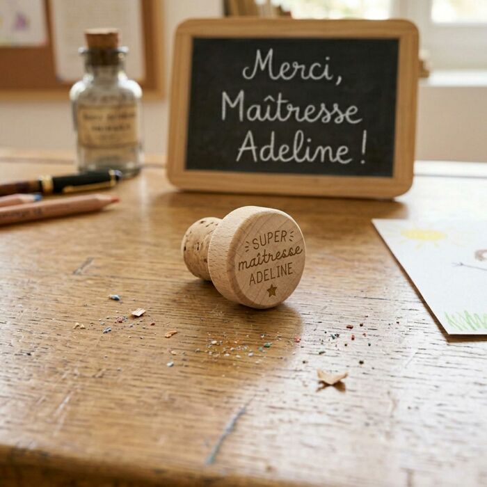 Bouchon de bouteille bois gravé - édition spéciale "Super Maîtresse"