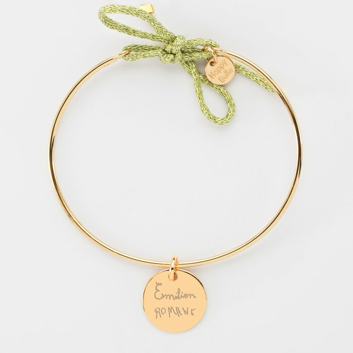 Bracelet personnalisé jonc plaqué or et cordon pailleté médaille gravée 15 mm - écrits