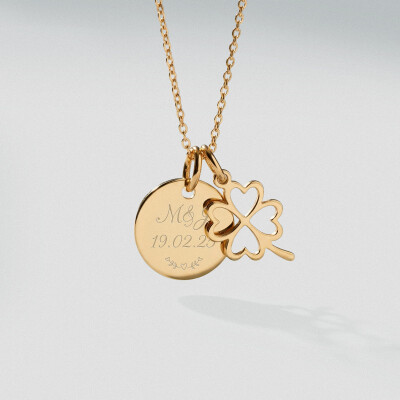 Pendentif personnalisé médaille gravée plaqué or 15 mm et breloque trèfle ajouré 15 mm - Texte pictogramme