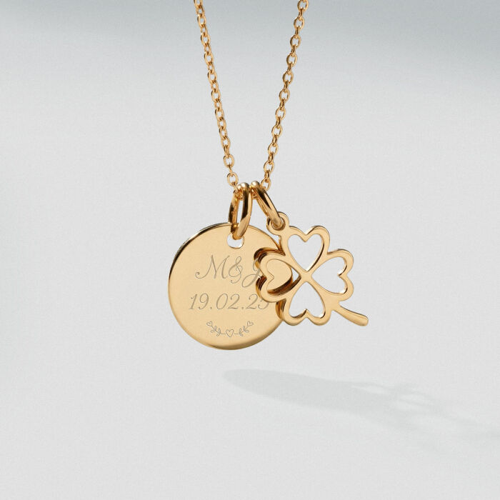 Pendentif personnalisé médaille gravée plaqué or 15 mm et breloque trèfle ajouré 15 mm - Texte pictogramme