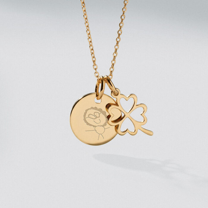 Pendentif personnalisé médaille gravée plaqué or 15 mm et breloque trèfle ajouré 15 mm - Dessin